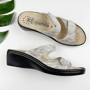 Mephisto Sandals Slip On Wedge Heel Grey Snakeskin Leather Women's 40 US 10